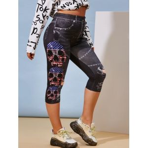 

Plus Size 3D Skull American Flag Print Capri Jeggings, Dark gray