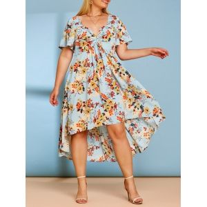 

Plus Size Front Twist Floral Print High Low Dress, Light blue