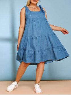 Tiered Bowknot Plus Size Casual Chambray Dress - BLUE - L