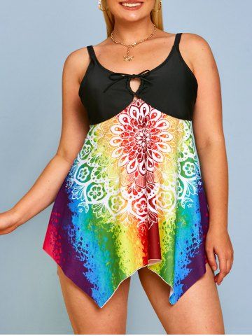 Plus Size Splatter Tie Dye Floral Boyshorts Modest Tankini Swimsuit - MULTI - L