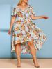 Plus Size Front Twist Floral Print High Low Cottagecore Dress -  