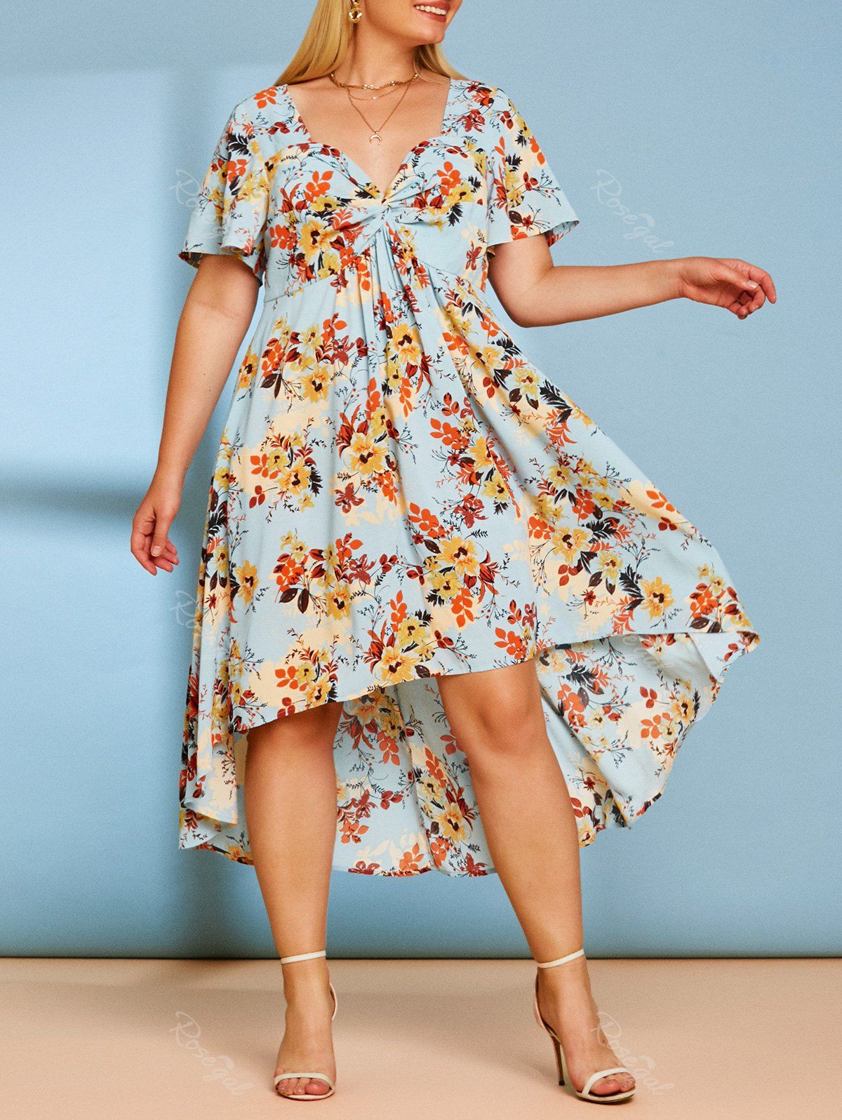 Best Plus Size Front Twist Floral Print High Low Cottagecore Dress  