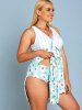 Plus Size Floral Stripe Print Tied Modest Tankini Swimwear -  