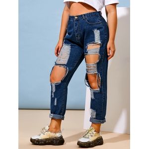 

Destroyed Distressed Plus Size Tapered Jeans, Deep blue