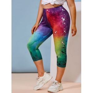 

Plus Size Galaxy Print Rainbow Color Cropped Leggings, Multi