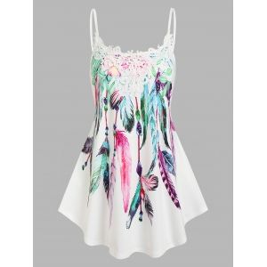 

Lace Applique Feather Print Tank Top, White