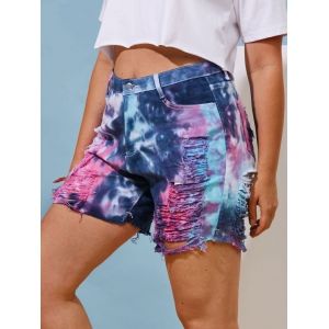 

Tie Dye Ladder Distressed Frayed Hem Plus Size Shorts, Blue