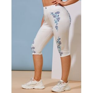 

Plus Size Flower 3D Print Capri Jeggings, White