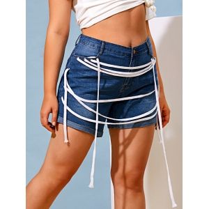 

Cuffed Hem Straps Grommet Plus Size Denim Shorts, Blue