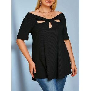 

Plus Size Twist Ribbed Cutout Curved Hem Tunic Tee, Black