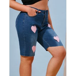 

Valentines Heart Print Plus Size Denim Bermuda Shorts, Blue