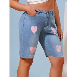 

Valentines Heart Print Plus Size Denim Bermuda Shorts, Light blue