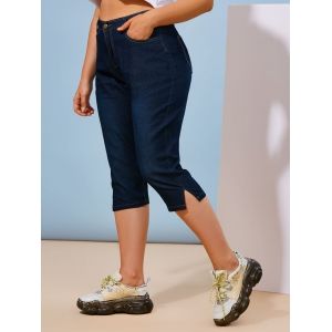 

Mid Rise Plain Skinny Plus Size Capri Jeans, Deep blue