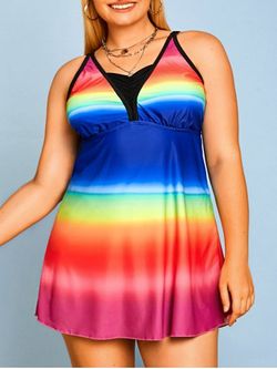 Plus Size Rainbow Color Modest Tankini Swimwear - MULTI - 1X