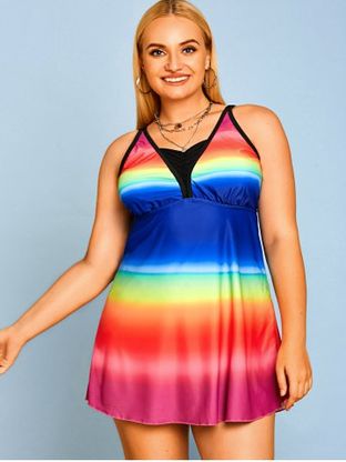 Plus Size Rainbow Color Modest Tankini Swimwear