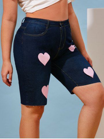 Valentines Heart Print Plus Size Denim Bermuda Shorts - DEEP BLUE - 2XL