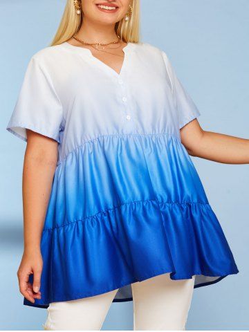 Button Front Tiered Ombre Plus Size Top - BLUE - 3X