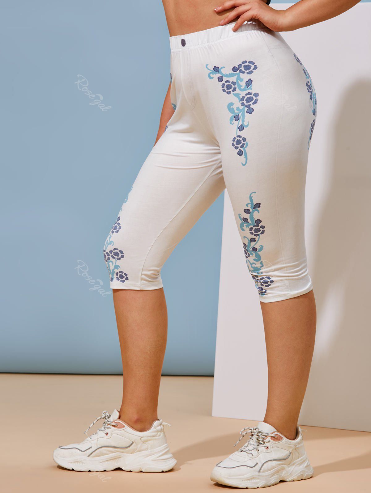 Legging Capri 3D à Imprimé Fleur de Grande Taille Blanc 2X