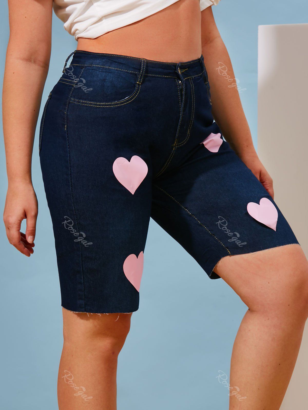 Fashion Valentines Heart Print Plus Size Denim Bermuda Shorts  