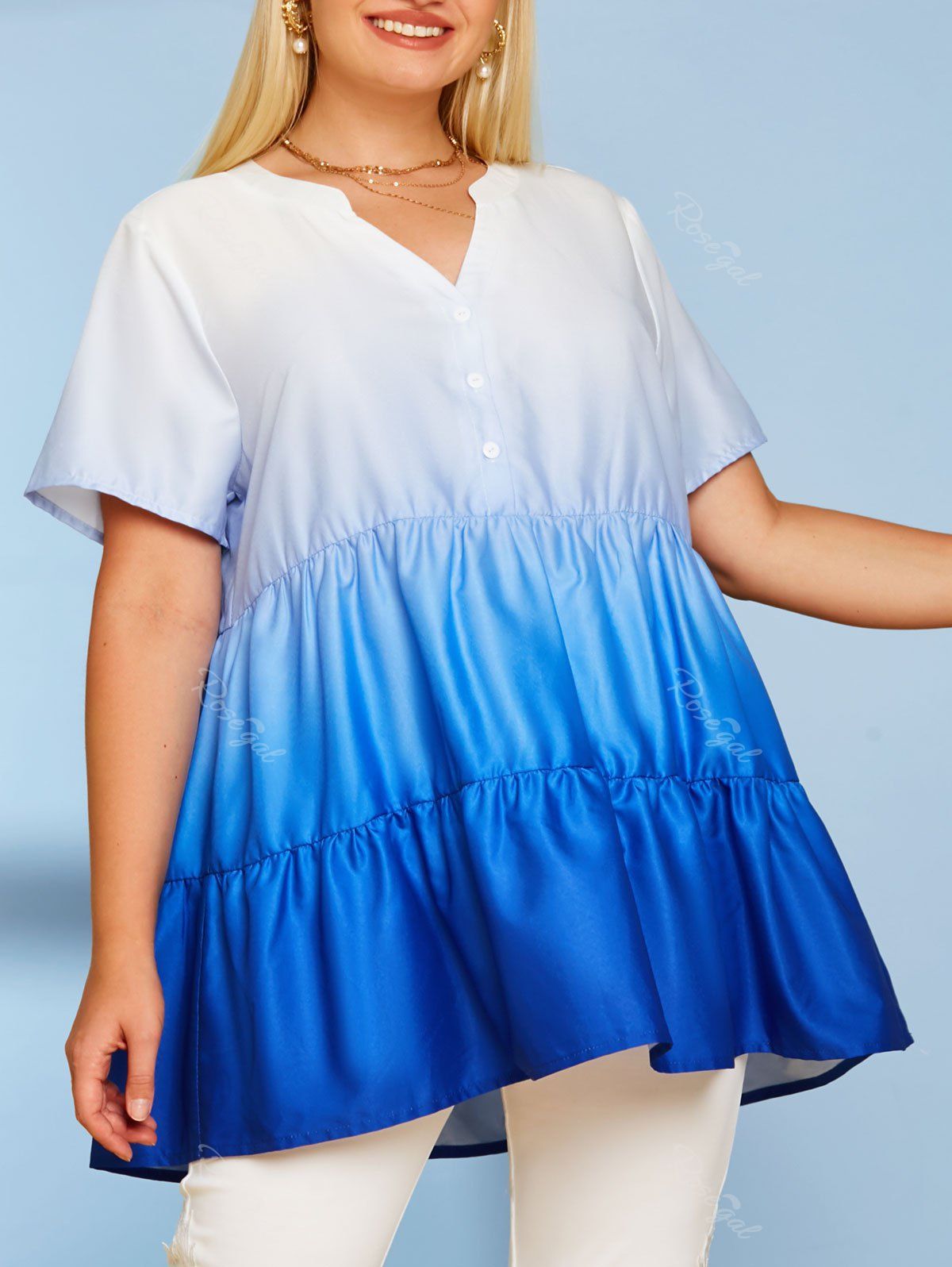 Trendy Button Front Tiered Ombre Plus Size Top  