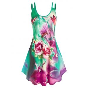 

Plus Size Flower Butterfly Printed Dress, Green