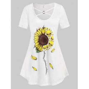 

Plus Size O Ring Sunflower Skull Print Graphic Tee, White