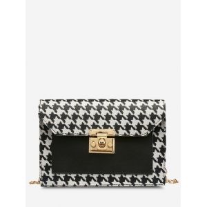 

Houndstooth Print Spliced Crossbody Bag, Black