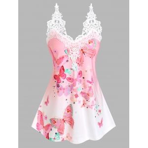 

Lace Insert Floral Butterfly Print Tank Top, Light pink