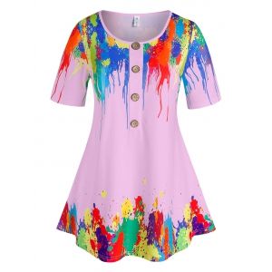 

Plus Size Paint Splatter Mock Button Tee, Light purple