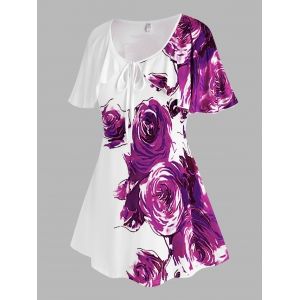 

Plus Size Floral Keyhole Cape Sleeve T Shirt, Purple