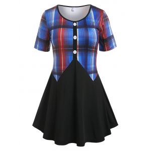 

Plus Size Mock Button Plaid Swing T Shirt, Black