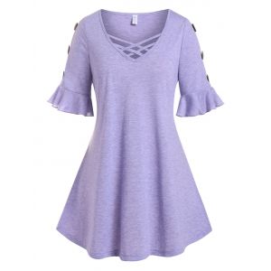 

Plus Size Lattice Ruffle Cuff Buttoned Tunic Tee, Purple