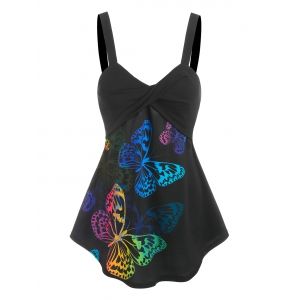 

Butterflies Print Front Twist Tank Top, Black