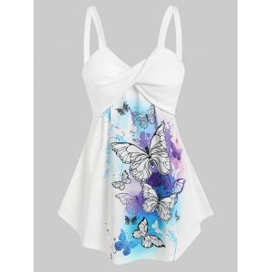 

Twist Front Butterfly Print Tank Top, White