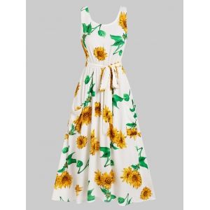 

Sunflower Printed Self Tie Pockets Dress, White