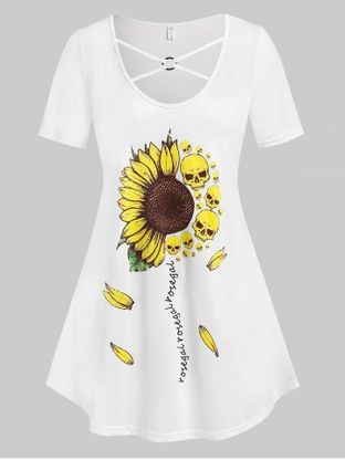 Plus Size O Ring Sunflower Skull Print Graphic Tee