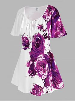 Plus Size Floral Keyhole Cape Sleeve T Shirt - PURPLE - L