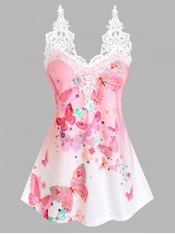 Lace Insert Floral Butterfly Print Tank Top - LIGHT PINK - S