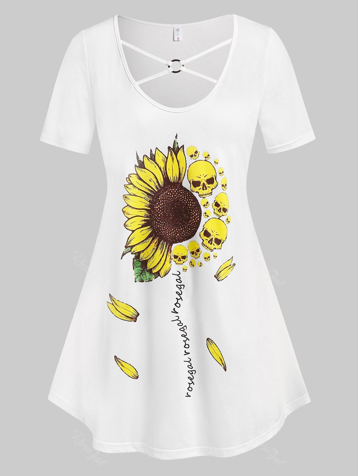 Fancy Plus Size O Ring Sunflower Skull Print Graphic Tee  