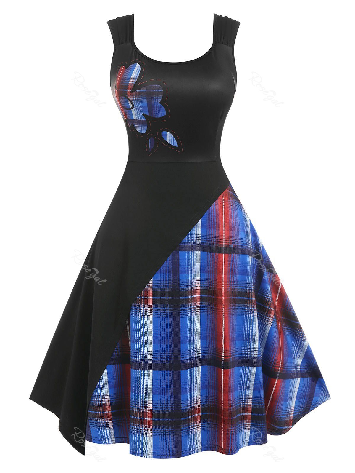Sale Plus Size Sleeveless Plaid Midi Flare 1950s Dress  