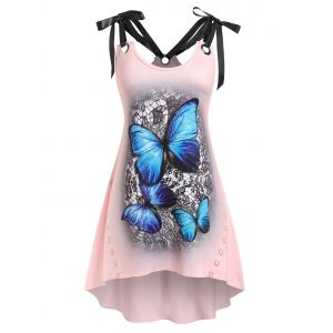 

Plus Size Butterfly Print Tie Shoulder Irregular Tank Top, Light pink