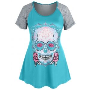 

Plus Size Skull Print Raglan Sleeve Gothic Tee, Light green