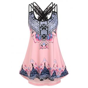 

Bohemian Print Butterfly Lace Insert Strappy Tank Top, Light pink