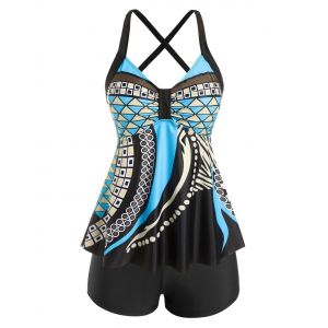 

Plus Size Crisscross Geometry Print Tankini Swimwear, Light blue