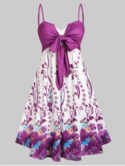 Plus Size Floral Print Bowknot Dress - PURPLE - L