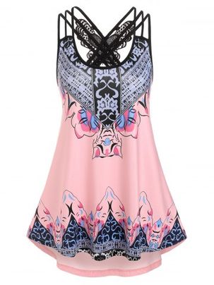 Bohemian Print Butterfly Lace Insert Strappy Tank Top
