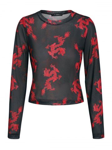 Dragon Print Chinoiserie Mesh T Shirt - BLACK - S