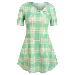 

Plus Size Plaid Asymmetrical Neck Knotted T Shirt, Green