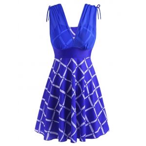 

Mesh Insert Plaid Tie Boyleg Skirted Tankini Swimwear, Blue