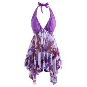 

Halter Butterfly Print Mesh Insert Handkerchief Tankini Swimwear, Purple
